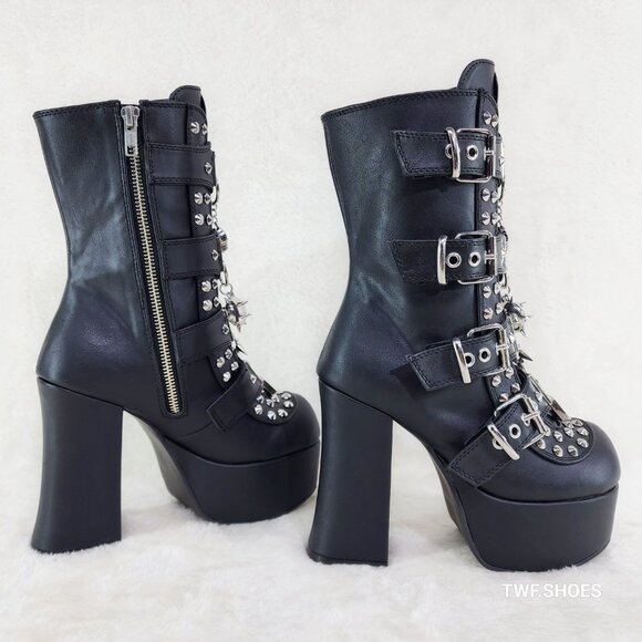 Demonia Charade Mace Charms Platform Chunky Heel Goth Mid Calf Boots - Picture 4 of 13